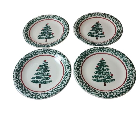 Furio Christmas Tree Dessert Salad Plate  Sponge Painted Design 8" Set of 4 - Picture 1 of 5